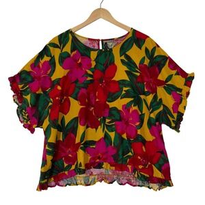 For Cynthia Womens Size 2X Yellow Tropical Floral Linen Blend Ruffle Blouse Boho